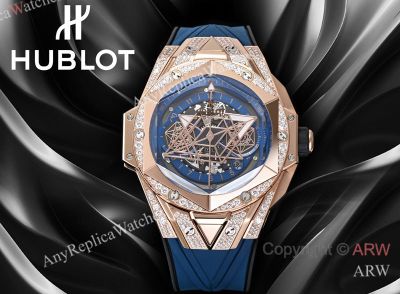 High Quality Replica HUBLOT BIG BANG SANG BLEU II Dark Blue Fluororubber Strap Dark Blue Skeletonized Geometric Face Dial Titanium With Diamond-Set Case Watch 45mm